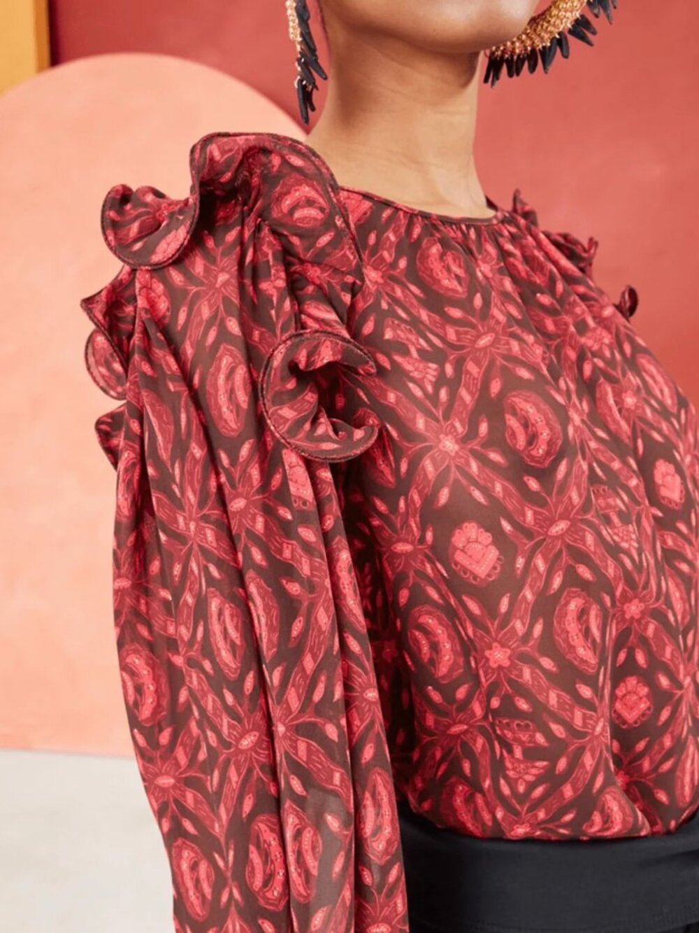ULLA JOHNSON Medine Semi-Sheer Abstract Floral Lettuce Ruffle 100% Silk Blouse